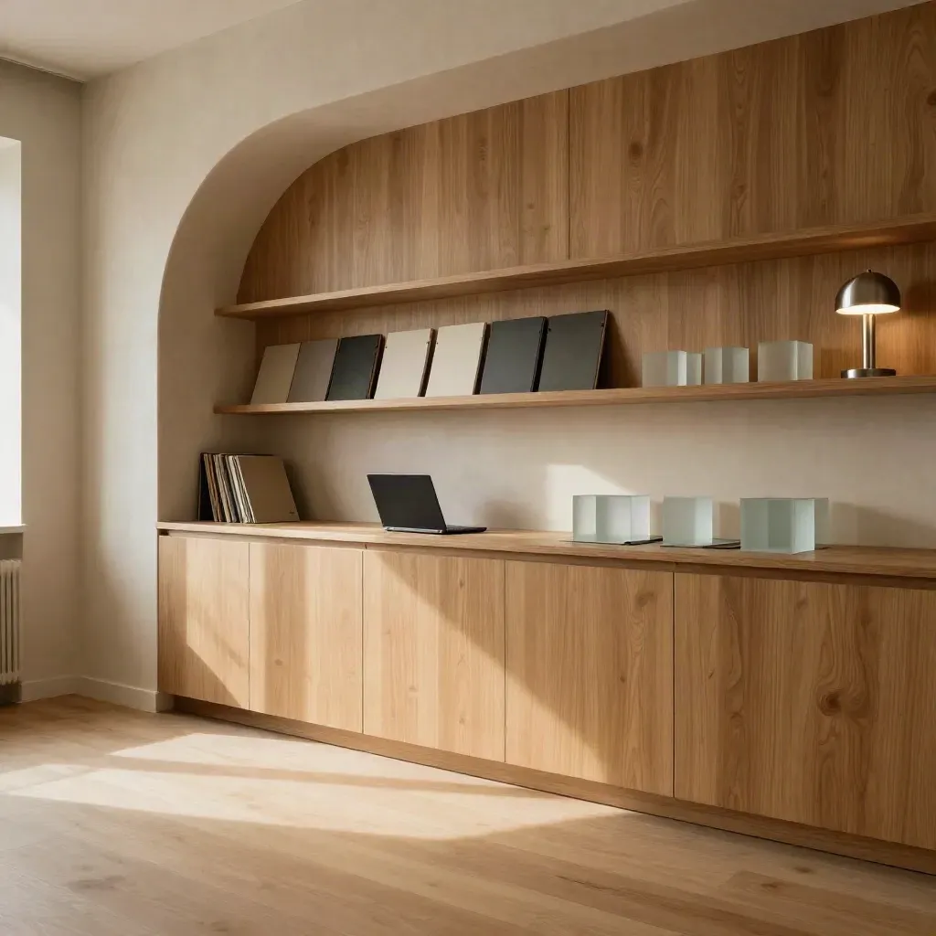 Warm oak strategy studio interior with plaster arch, soft morning light, and quiet copy space.