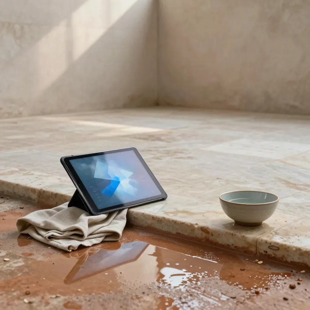 Rain-washed stone courtyard with a tablet, shallow puddle, linen cloth, and misty daylight.