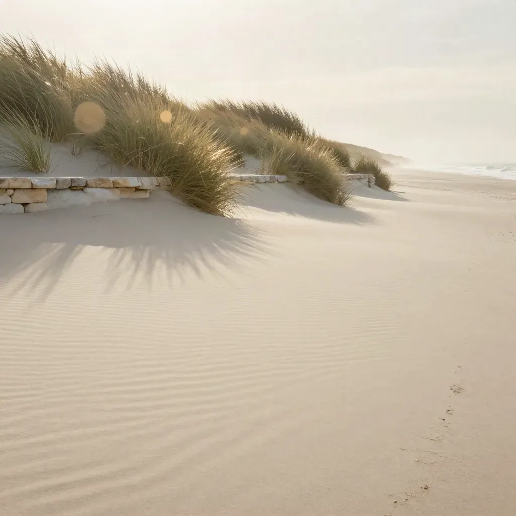 Coastal terrace grasses above a calm sandy plaster expanse in golden haze