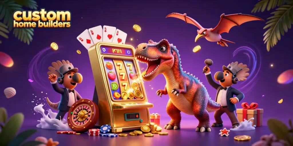 custom home builders celebrate jackpots with a dinosaur scene in a vibrant casino atmosphere