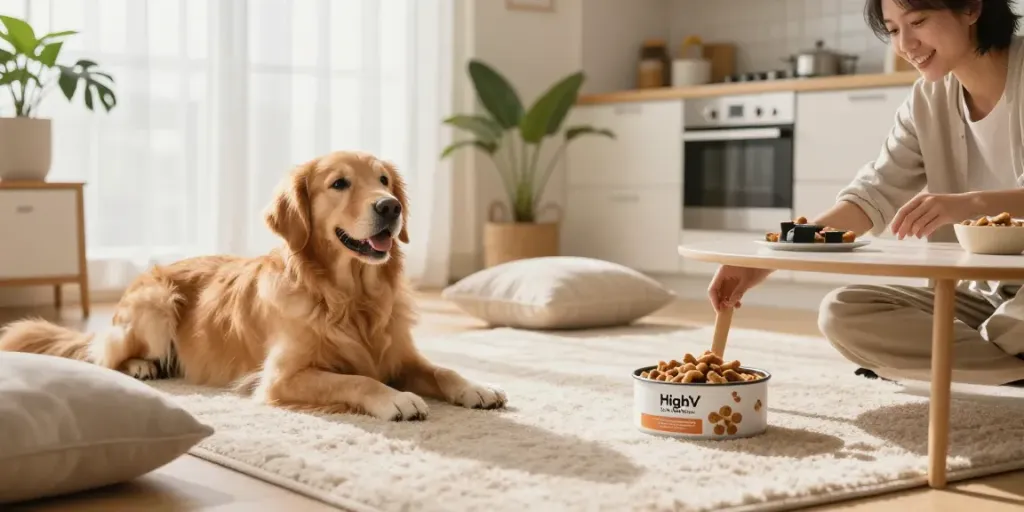 Calming Dog Treats on a table with a golden retriever lounging in a cozy living room, emphasizing natural wellness and pet happiness.