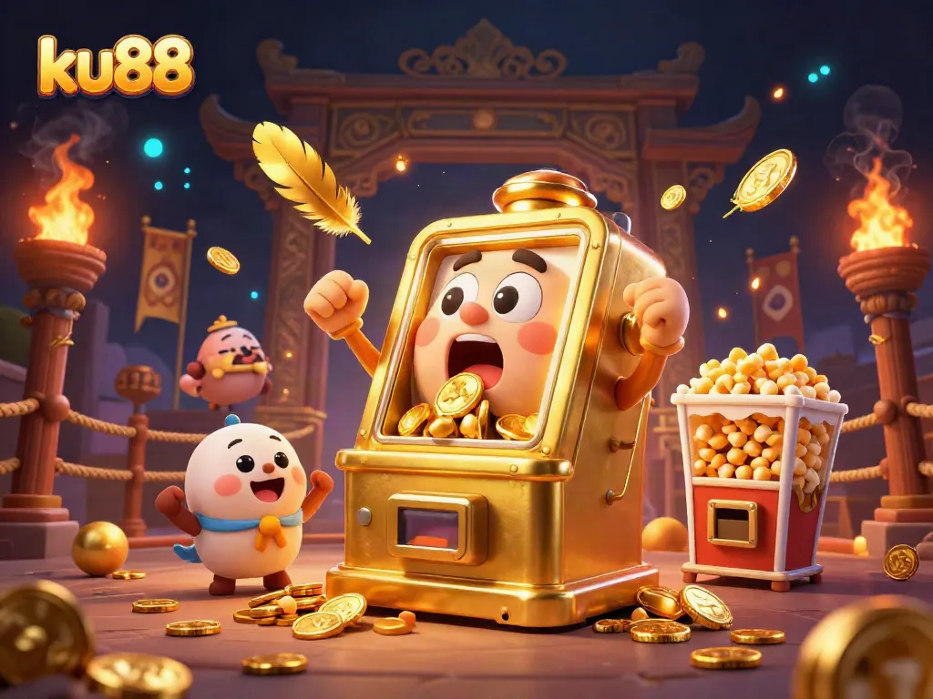 Engage with ku88's thrilling jackpot scene featuring a golden slot machine and cheering companions.