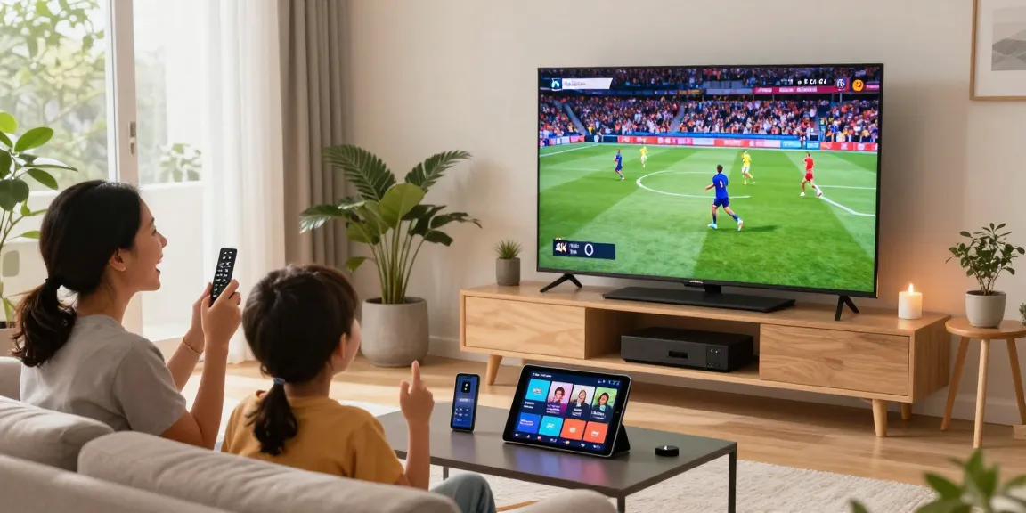 Gezellige woonkamer met een gezin dat geniet van hun favoriete iptv abonnementen in 4K-kwaliteit.
