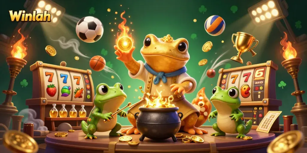 Winlah online casino showcases a vibrant 3D illustration of golden alchemy in action with sports elements.