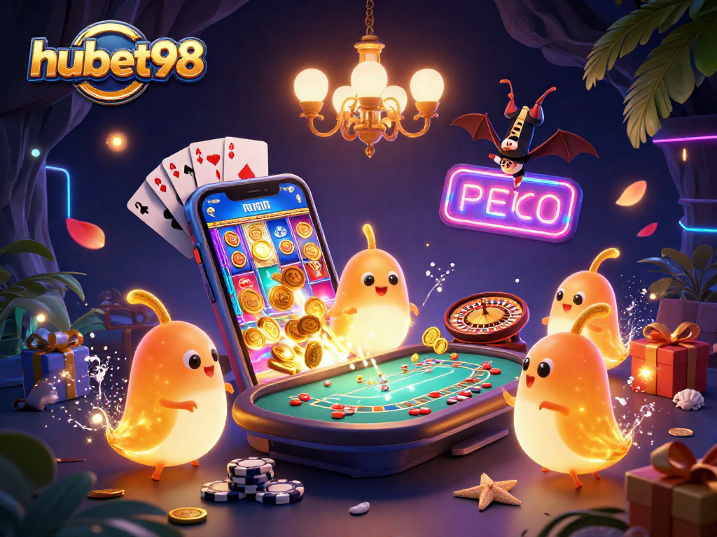 Engage with hubet98 in a vibrant casino scene full of games and excitement, featuring glowing characters and lively elements.