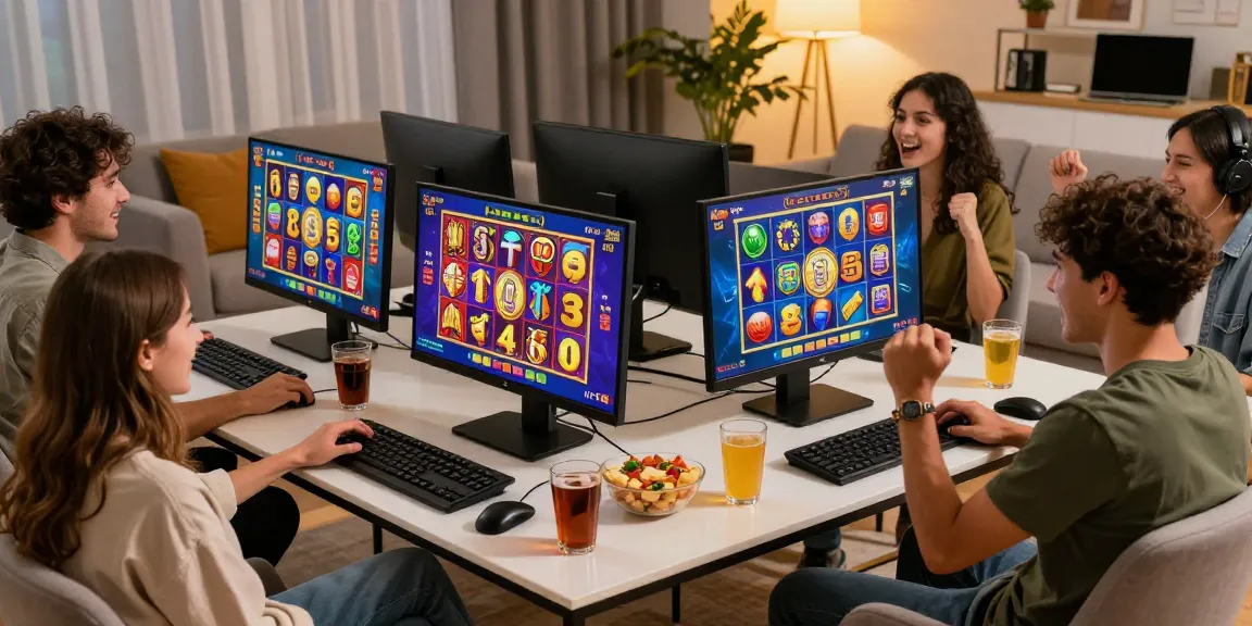 Exciting bandar slot gaming moment with friends celebrating a big win.