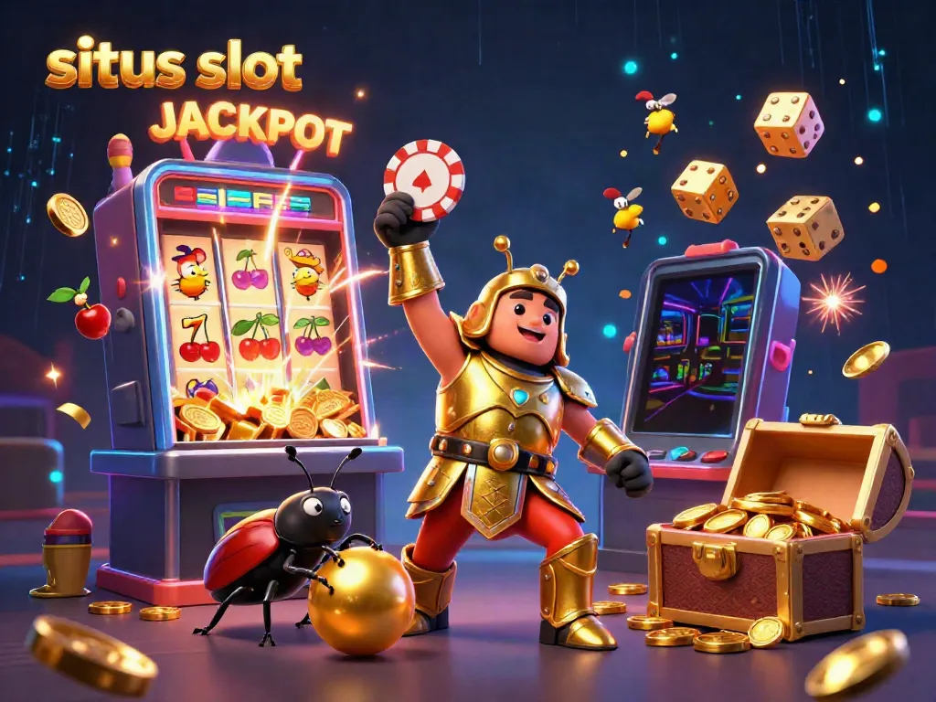 Engage with thrilling slots at situs slot, featuring a victorious beetle champion lifting a poker chip amidst excitement.