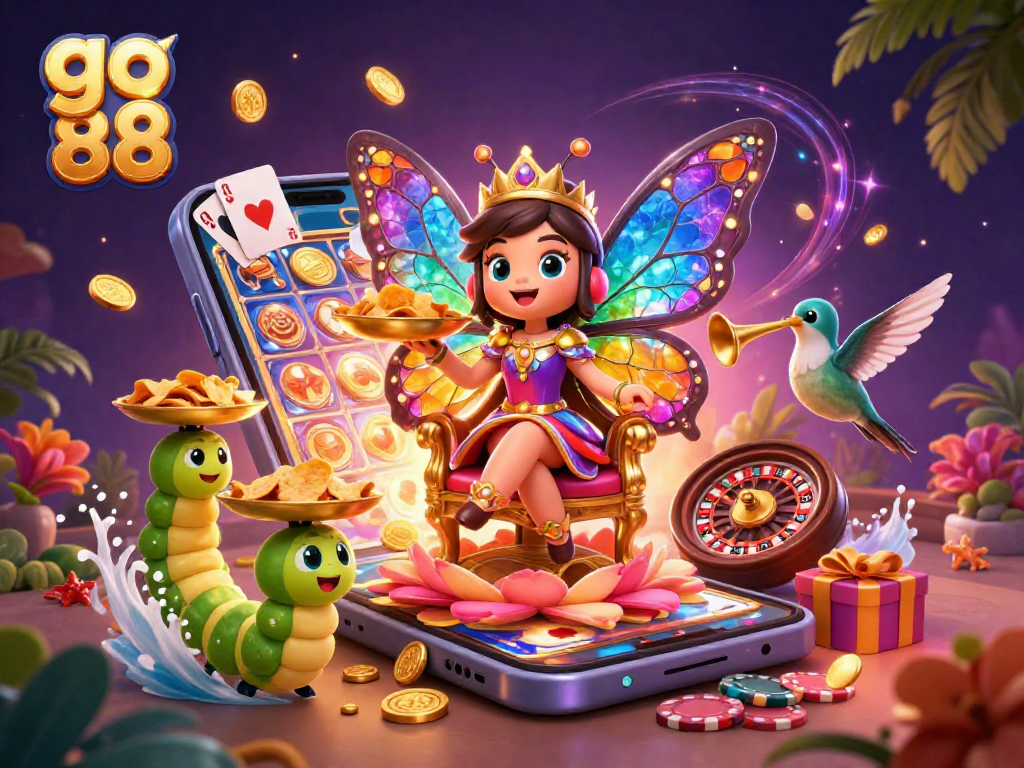 Experience go 88's vibrant casino magic with a butterfly queen, golden chips, and dynamic game elements.