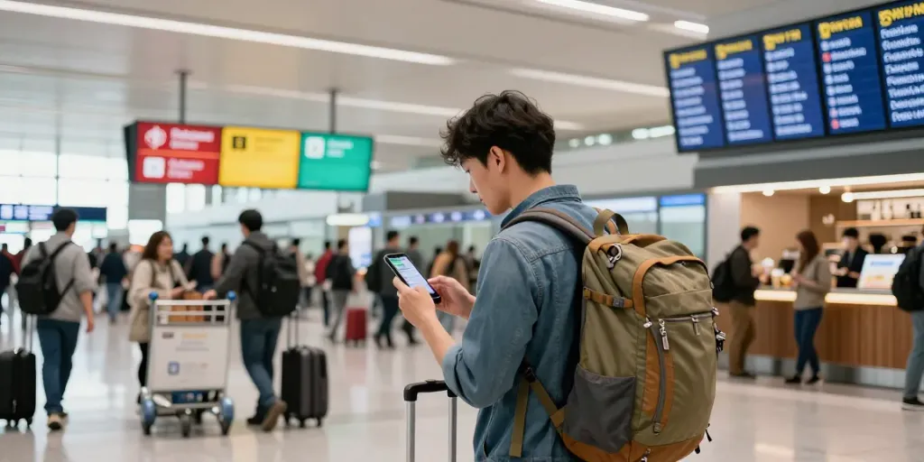 机场推荐：繁忙机场内，旅客查看航班信息，周围五光十色的指示牌营造出活力氛围。