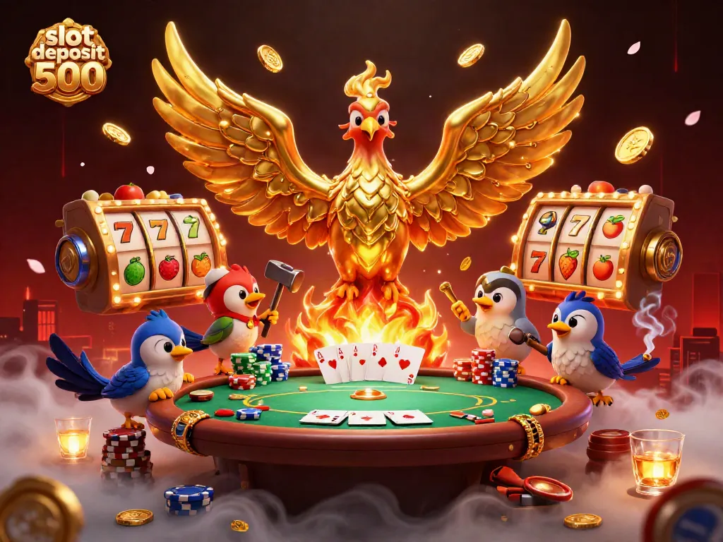 Spin to win with slot deposit 500; golden phoenix brings luck amidst vibrant casino elements.