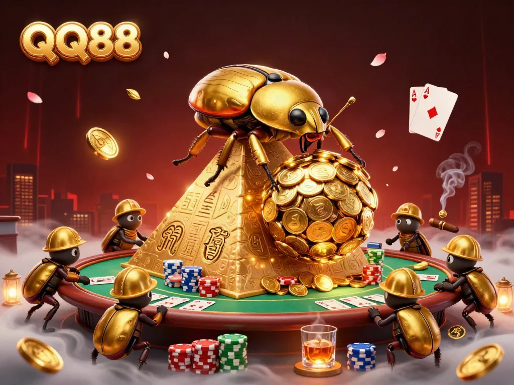 Engage with QQ88's vibrant casino scene featuring a golden dung beetle and poker elements.