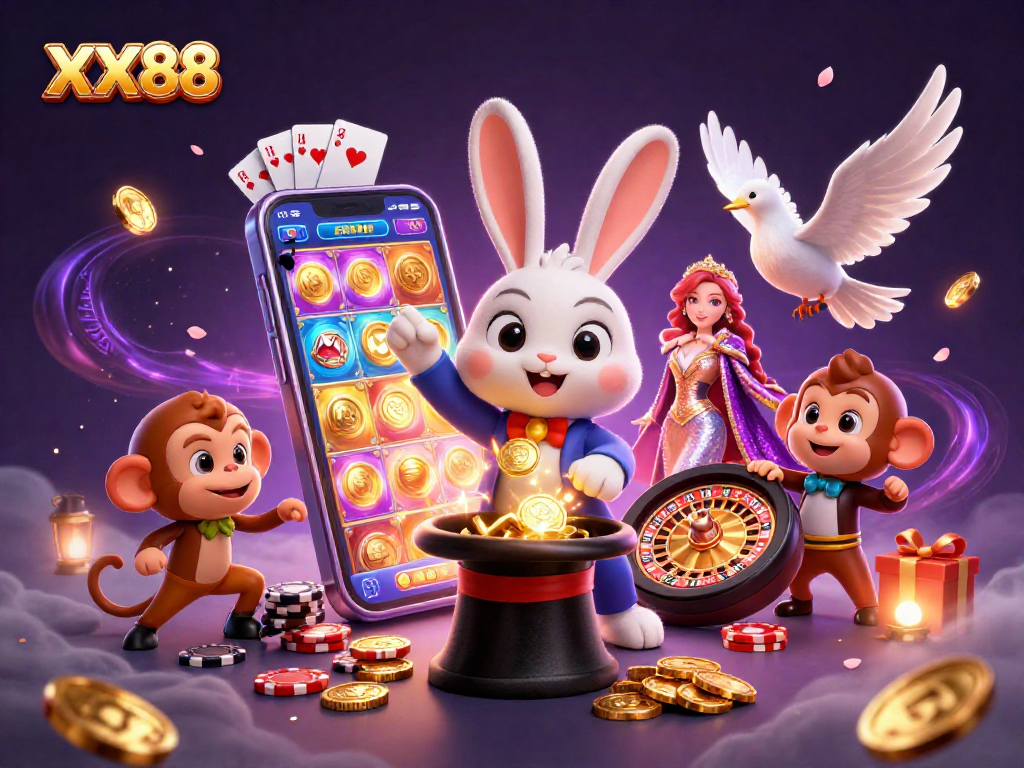 Experience the magic of gambling with XX88's vibrant characters amidst dynamic slot game elements.