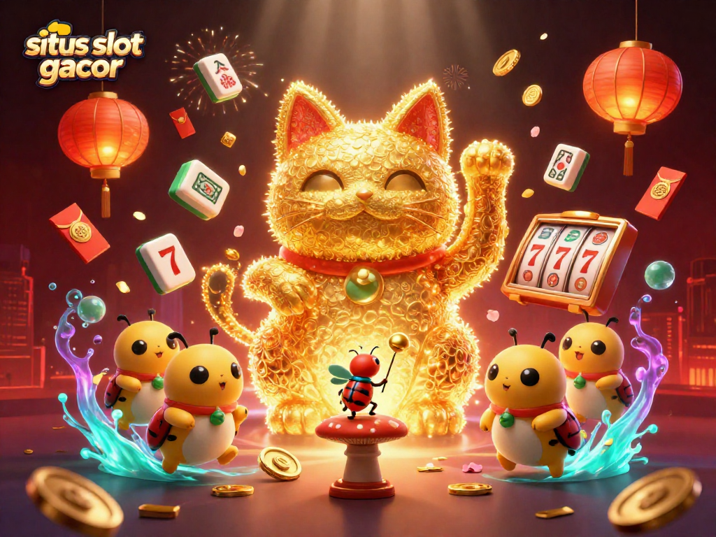 Engage in vibrant gameplay with situs slot gacor, featuring a colorful lucky cat and casino symbols.