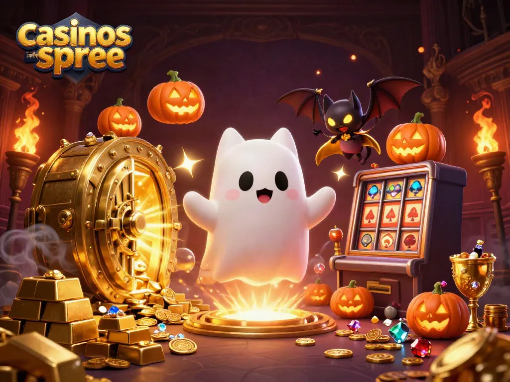 Engage with casinos like spree in a vibrant haunted casino scene with ghostly characters and treasure.