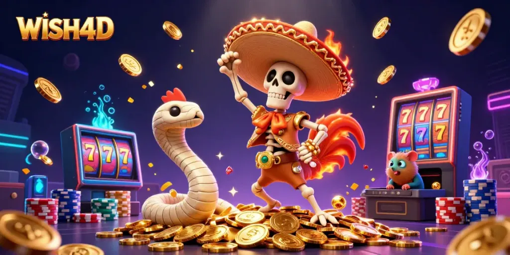 Engage in thrilling gameplay with WISH4D, featuring vibrant characters celebrating wins among golden coins.