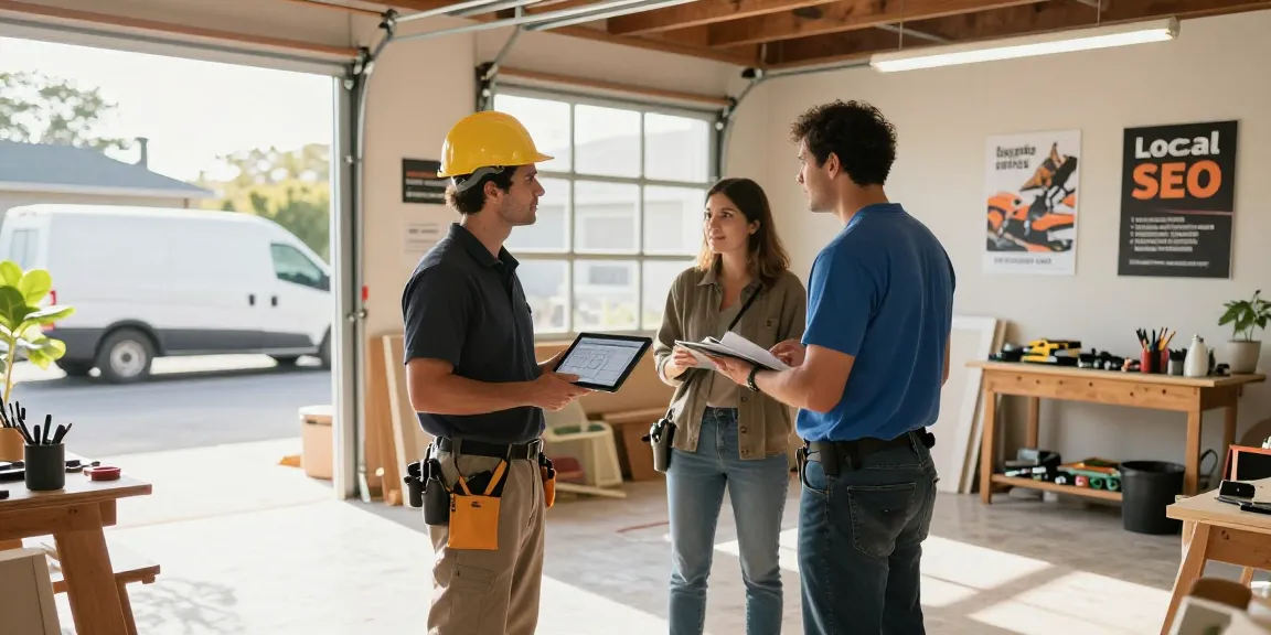 Local SEO for contractors boosting visibility, contractor team discussing a home renovation project in a busy workshop