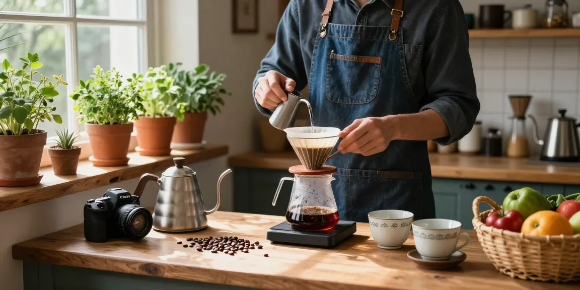 Elevating your coffee experience with Ebb reusable filters and upcycled denim aprons in a cozy kitchen, www.ebbfilter.com.