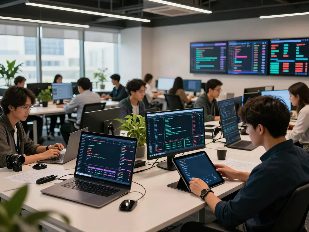 Dynamic workspace focused on 股票行情接口 with traders analyzing cryptocurrency and DeFi data in a vibrant co-working environment.