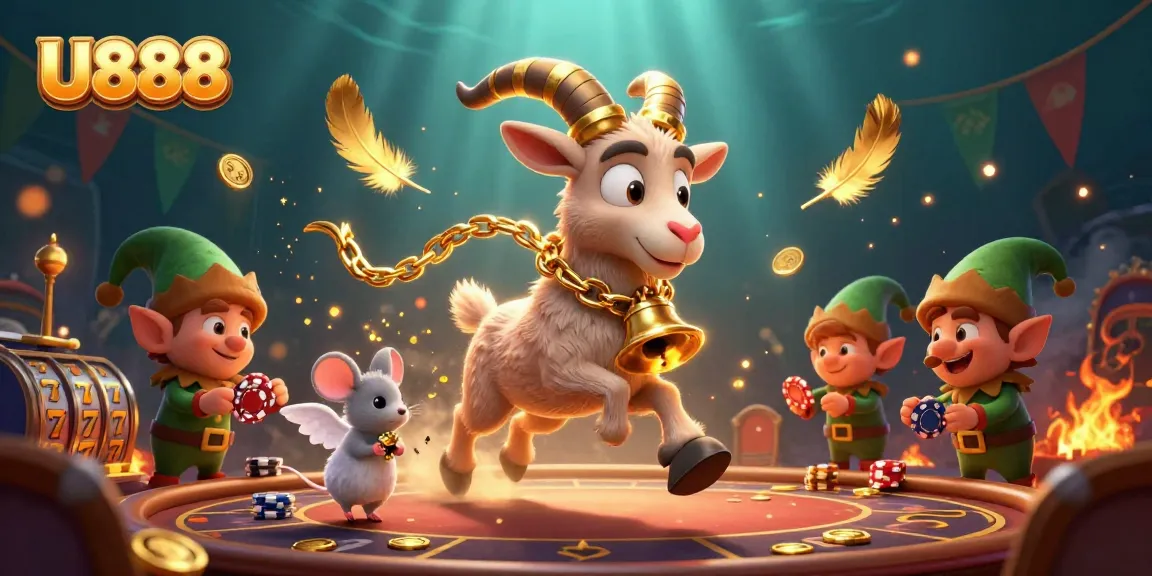 U888 casino scene with Krampus, angel mouse, and elfin gremlins stealing chips
