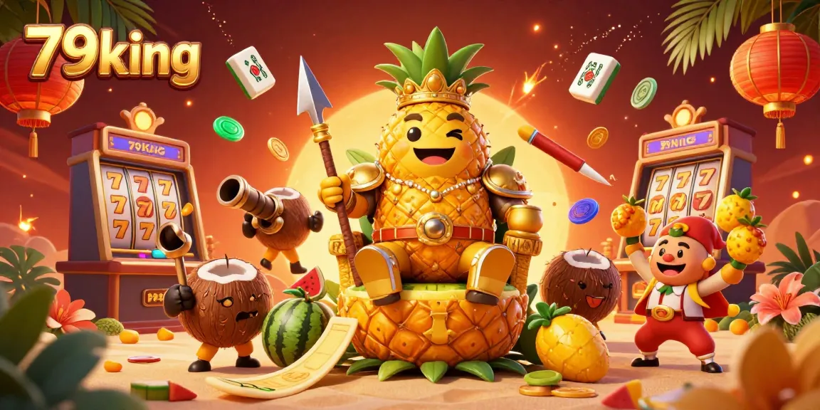 Interact with the vibrant casino scene featuring the 79king pineapple king surrounded by lively gaming elements.