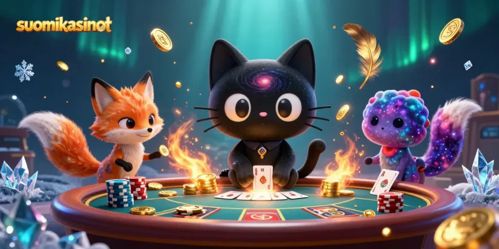 Play and win at suomikasinot with a cosmic casino adventure featuring a black hole cat.