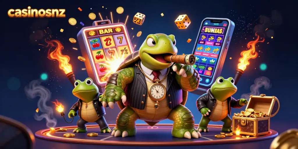 Experience casinosnz excitement with a snapping turtle mobster surrounded by jackpot elements and casino lights.