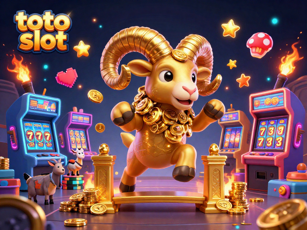 Toto slot memberikan pengalaman kasino interaktif dengan ilustrasi domba emas megah dan mesin permainan 3D berwarna-warni.
