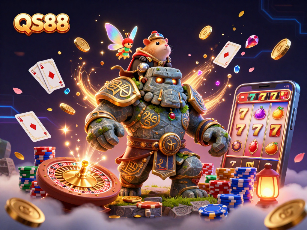 Experience the thrill of casino gaming with QS88 in this vibrant 3D illustration featuring exciting slot themes.