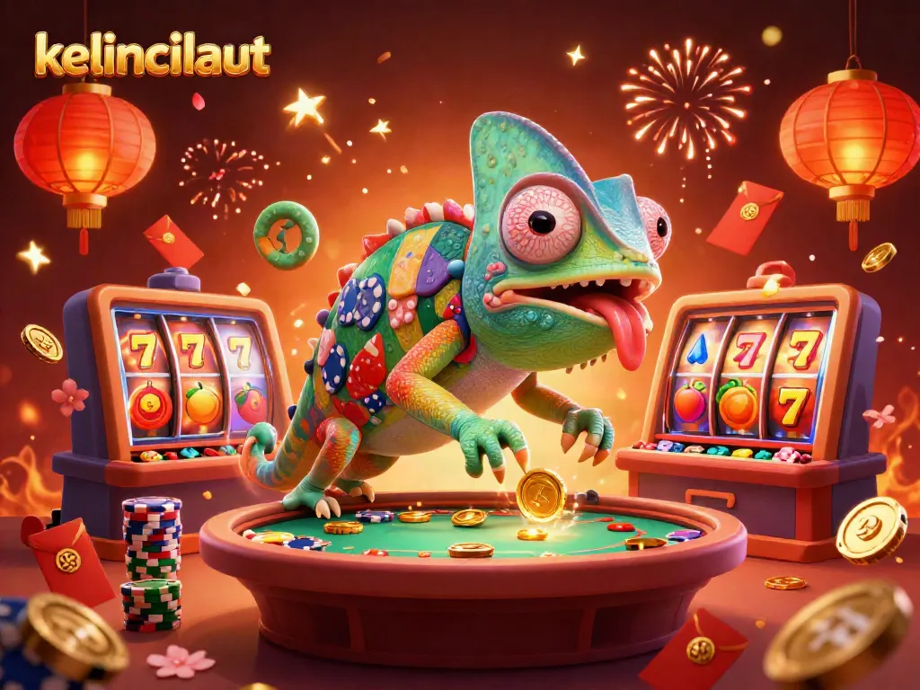 Engage in excitement with kelincilaut, where the chameleon casino owner attracts gold coins amidst a vibrant casino scene.