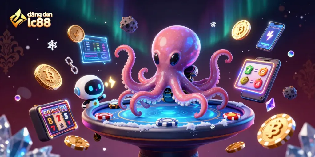 Experience đăng nhập lc88 with thrilling cosmic poker and vibrant gambling elements in a 3D scene.