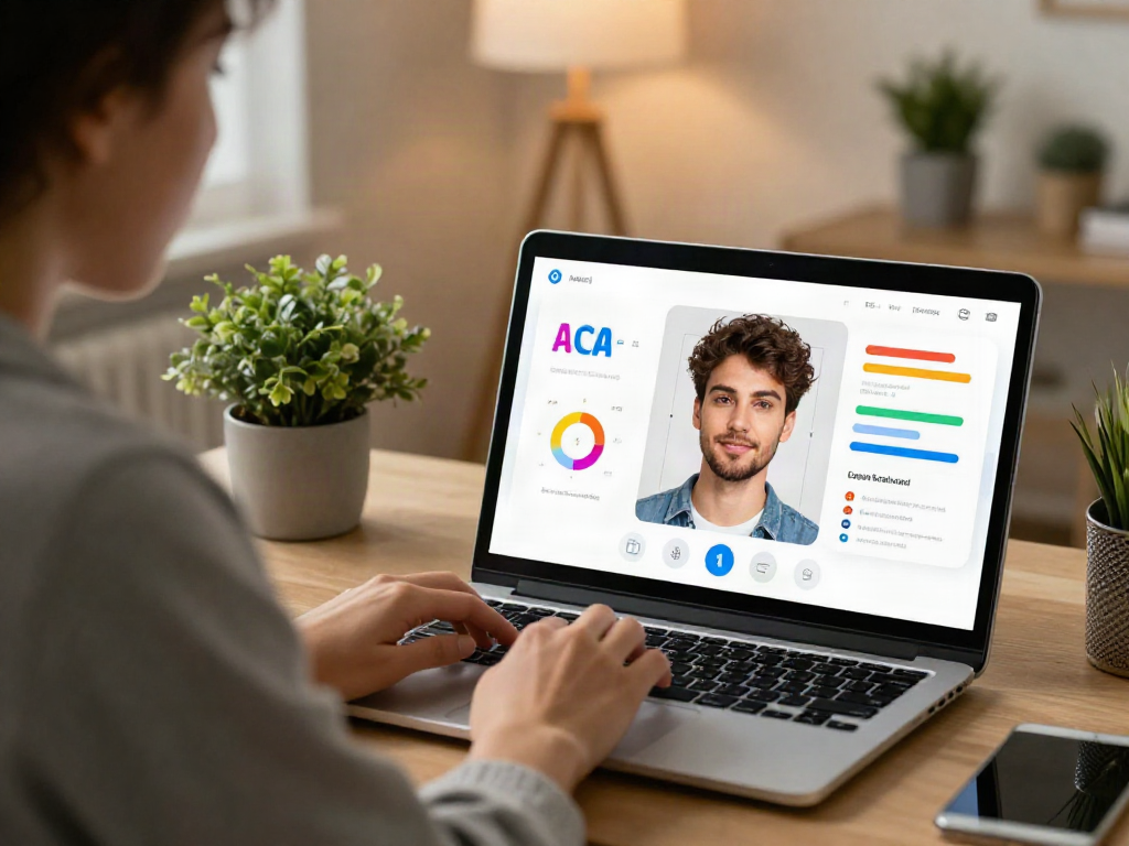 Engaging user on laptop estimating how old do I look with AI technology in home office