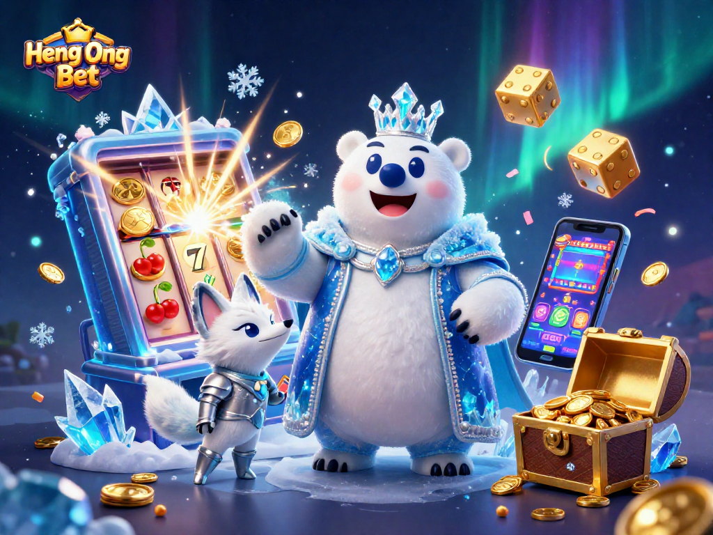 Heng Ong Bet features a dynamic scene with a royal polar bear and snow fox amidst casino excitement.