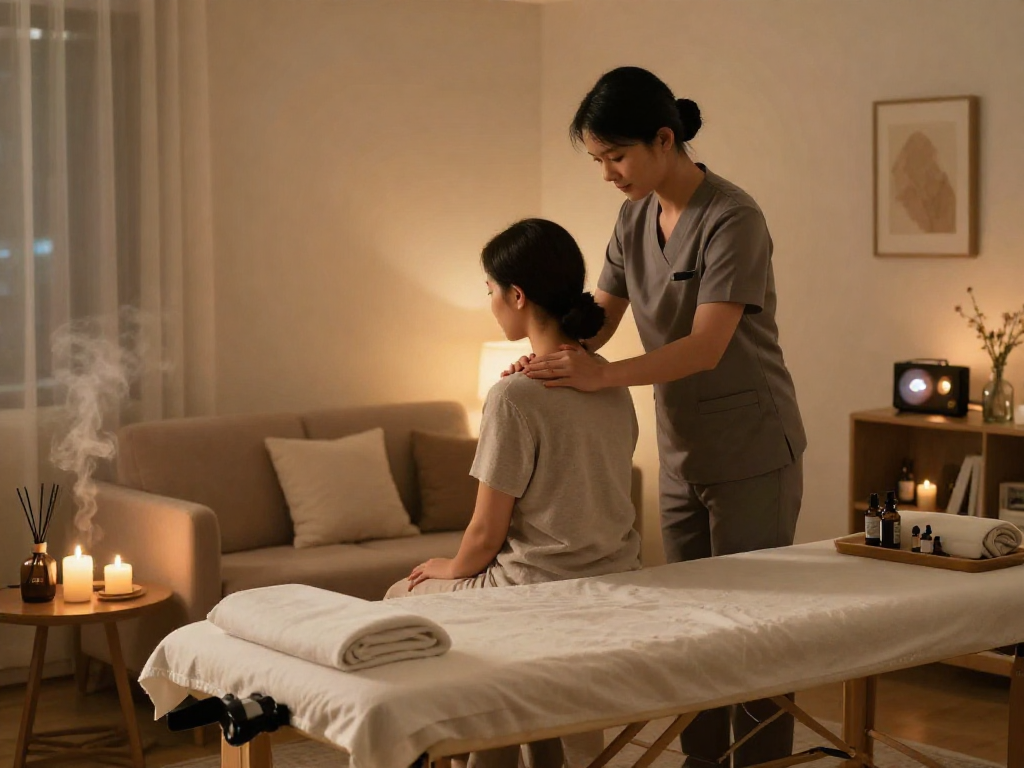 사당출장안마 service in a cozy living room with a therapist providing a relaxing massage.