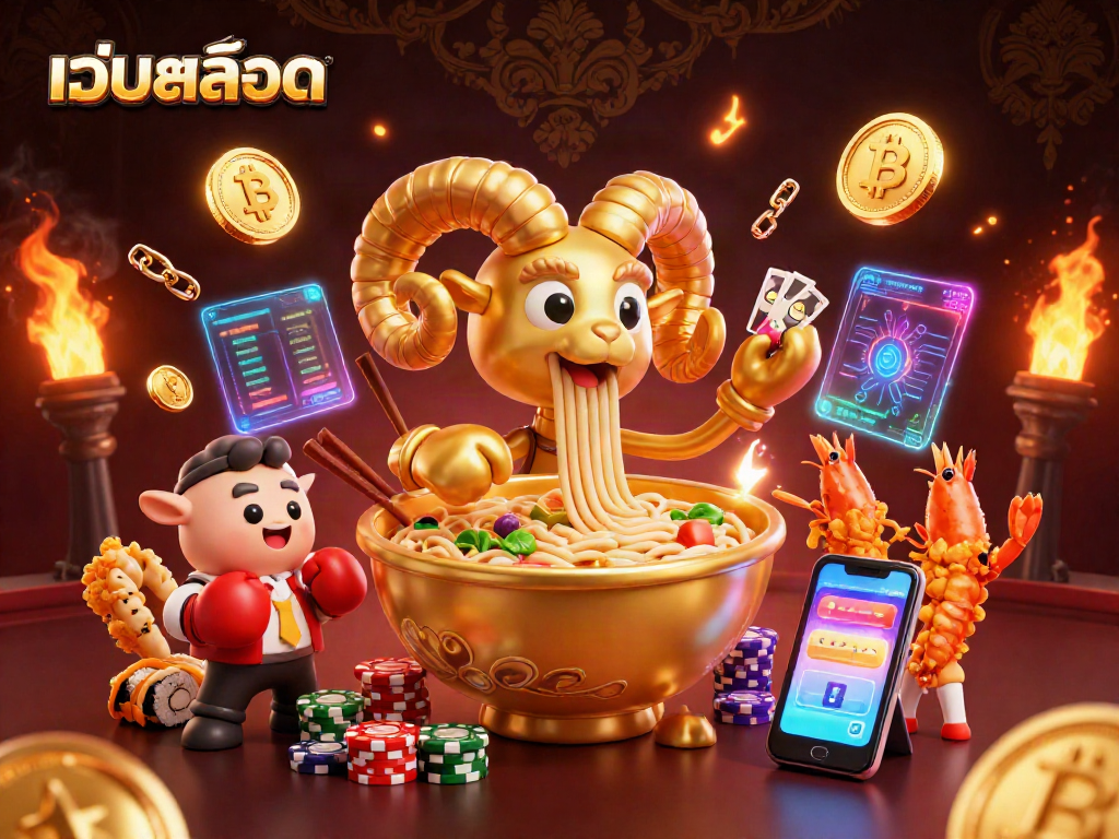 Engage with เว็บสล็อต through a vibrant 3D casino illustration showcasing unique game elements and characters.