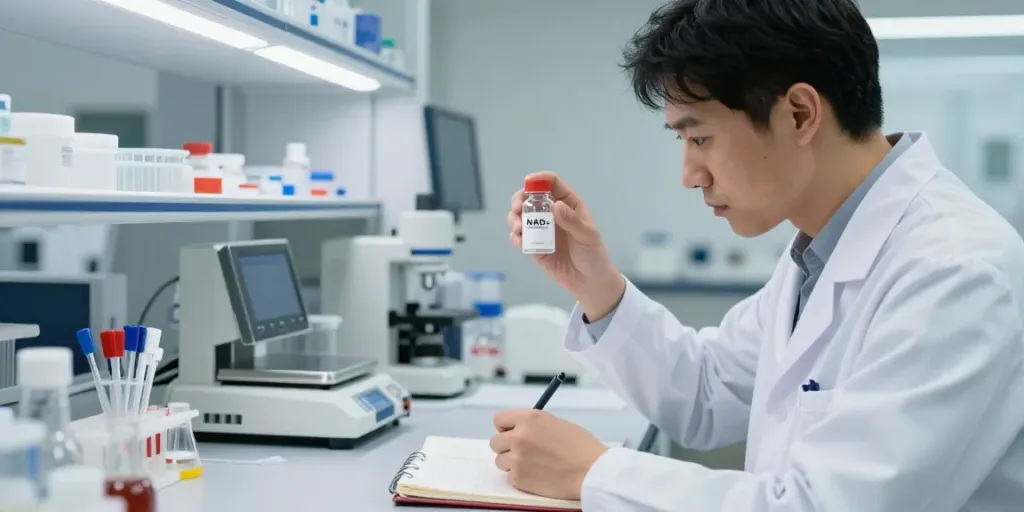 NAD500 research scene with scientist in lab coat examining NAD+ powder in a modern lab.