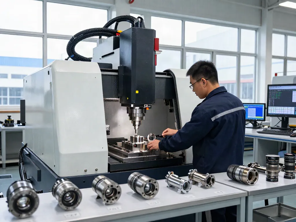 Leading aerospace CNC parts manufacturers' technician operating advanced machinery in a bright workshop.