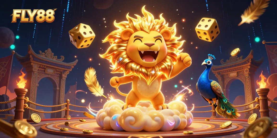 Experience the thrill of FLY88 with golden dice and vibrant casino elements in a dynamic, 3D action scene.