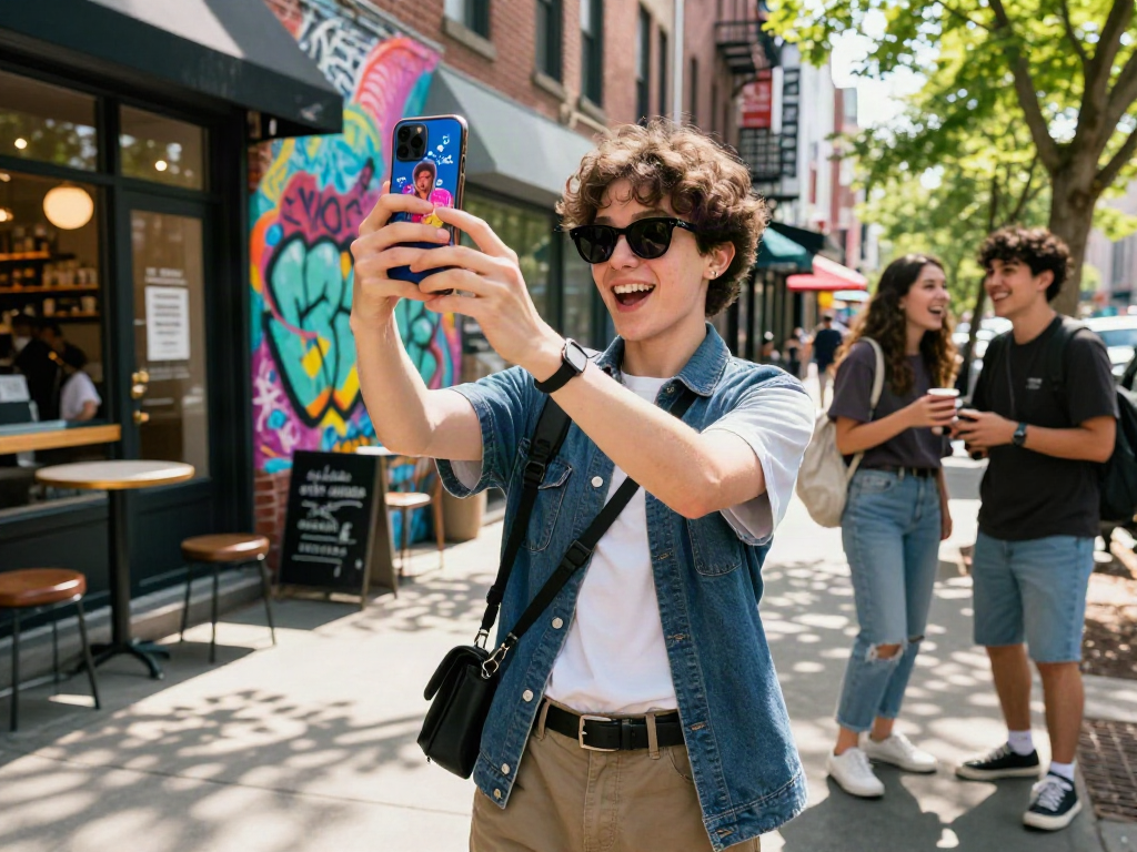 Young adult excitedly using a celebs i look like app in a vibrant urban setting.