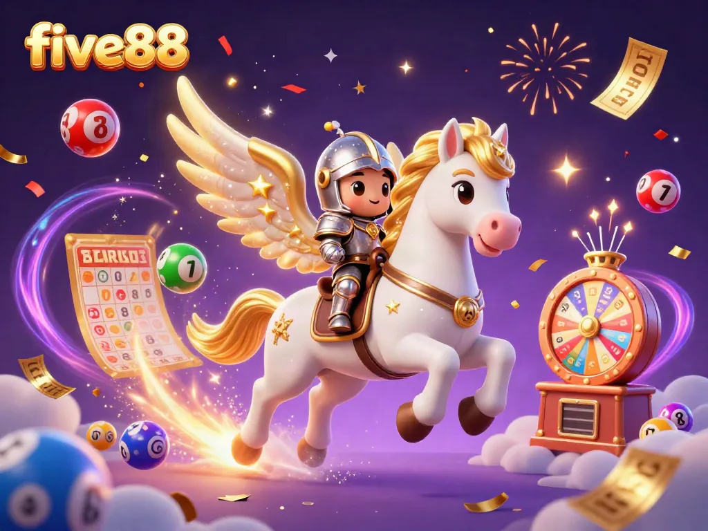 Experience the excitement of five88 with a vibrant 3D illustration showcasing dynamic lottery elements.