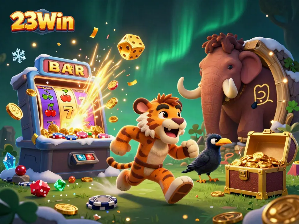 Join the excitement at 23Win, where cavemen and tigers manage a vibrant prehistoric casino.
