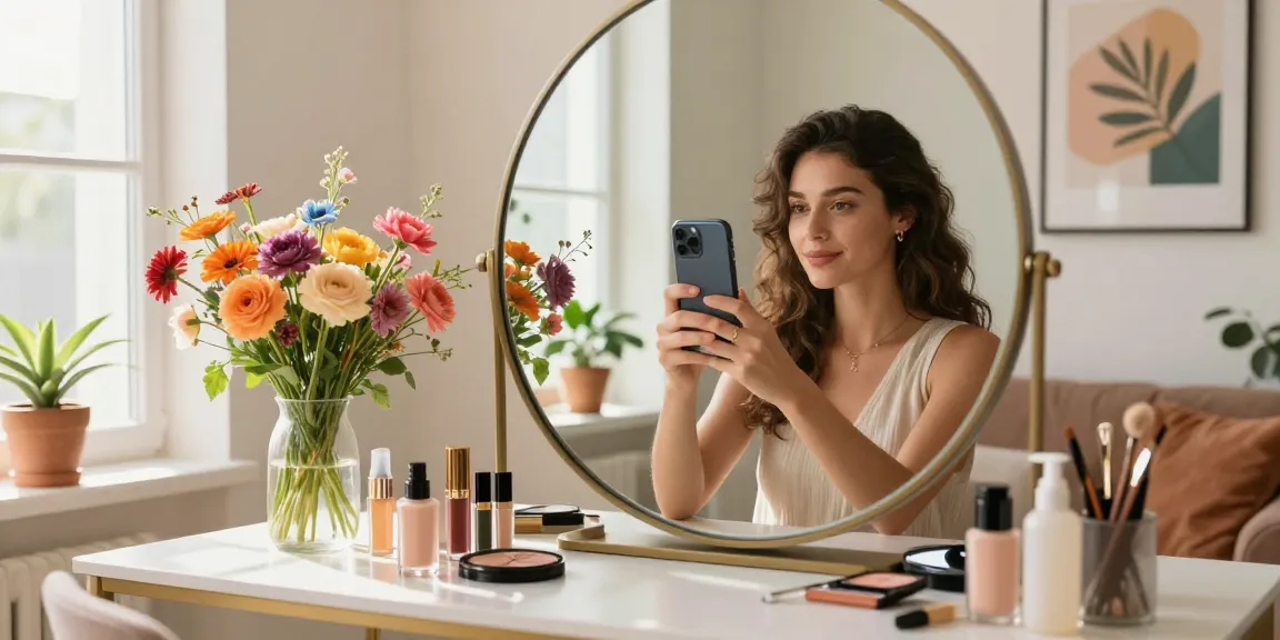 Test attractiveness using AI analysis at a stylish home vanity setting with beauty products.