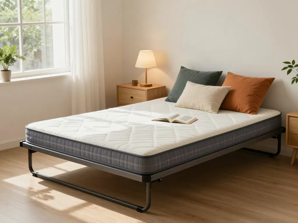 Relaxing space with a folding bed with mattress, colorful pillows, and warm lighting.