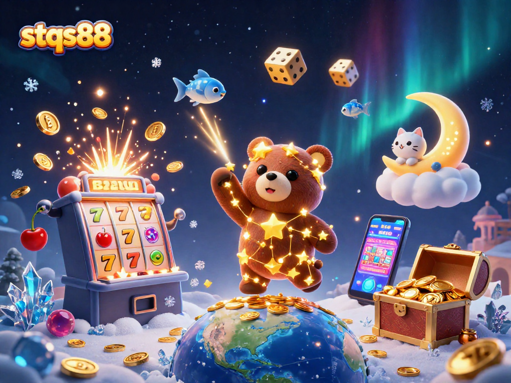 Win big with stqs88 at this vibrant online casino featuring a golden bear and slot machine!