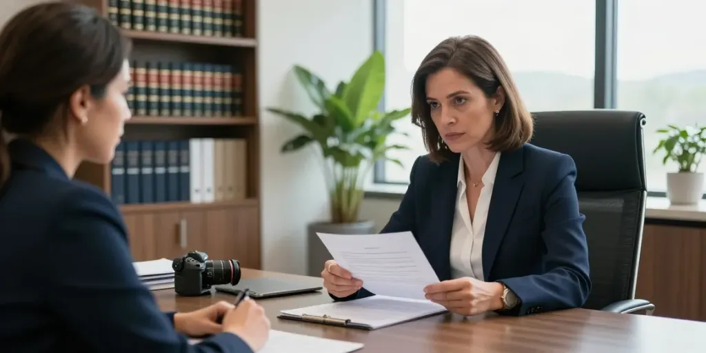 Karen McCleave attorney consulting with a client in a modern legal office environment.