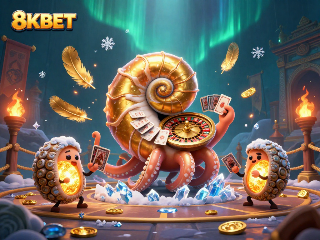 Experience the thrill of 8KBET with a vibrant casino scene showcasing a giant nautilus roulette and glowing companions.