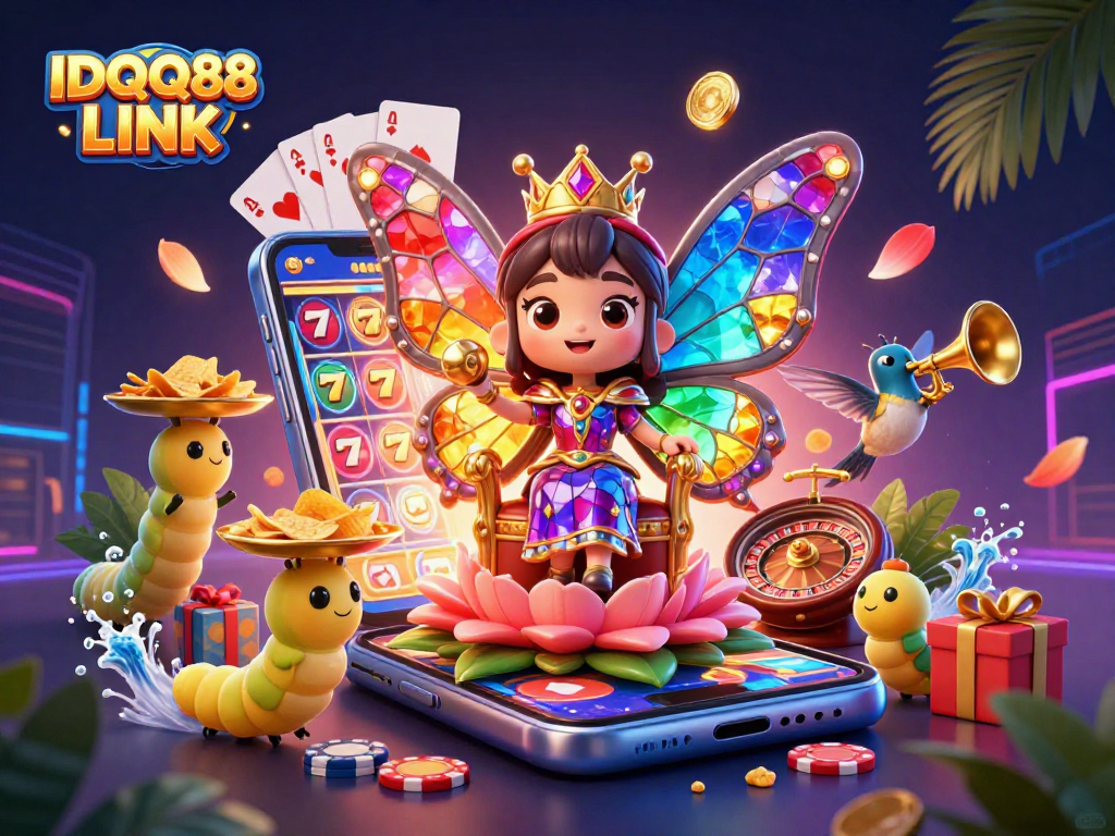 Engage with IDQQ88 LINK's vibrant scene showcasing a butterfly queen amidst incredible slot game elements.