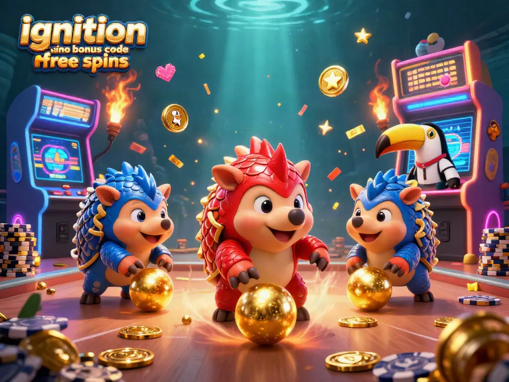 Experience the excitement of ignition casino bonus code free spins while pangolins bowl through poker chips in this vibrant scene.