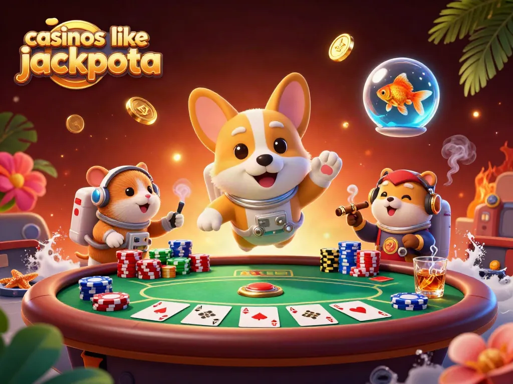Experience fun at casinos like Jackpota with a floating corgi and drifting poker elements.