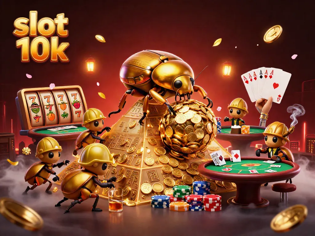 Experience the thrill of slot 10k in this vivid 3D illustration with golden symbols and dynamic scenes.