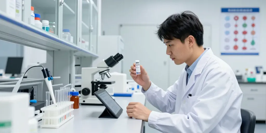 Scientist examining CAG peptide research in a modern laboratory, showcasing lab equipment and data analysis.